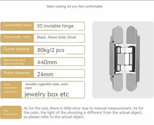 Ciężki 80 kg Max Load Stal nierdzewna Niewidzialny zawias Set 3D Niewidzialny zawias
